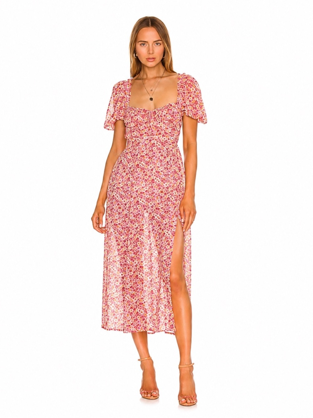 For Love & Lemons Felicia Floral Midi Dress Pink Puff Sleeve Side Slit Romantic